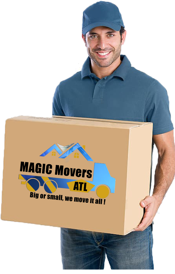 Mover holding a labeled Magic Movers ATL box for storage